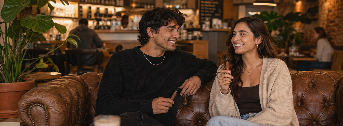 Two friends laughing on a cafe sofa, each holding a ZeroNic Barrel