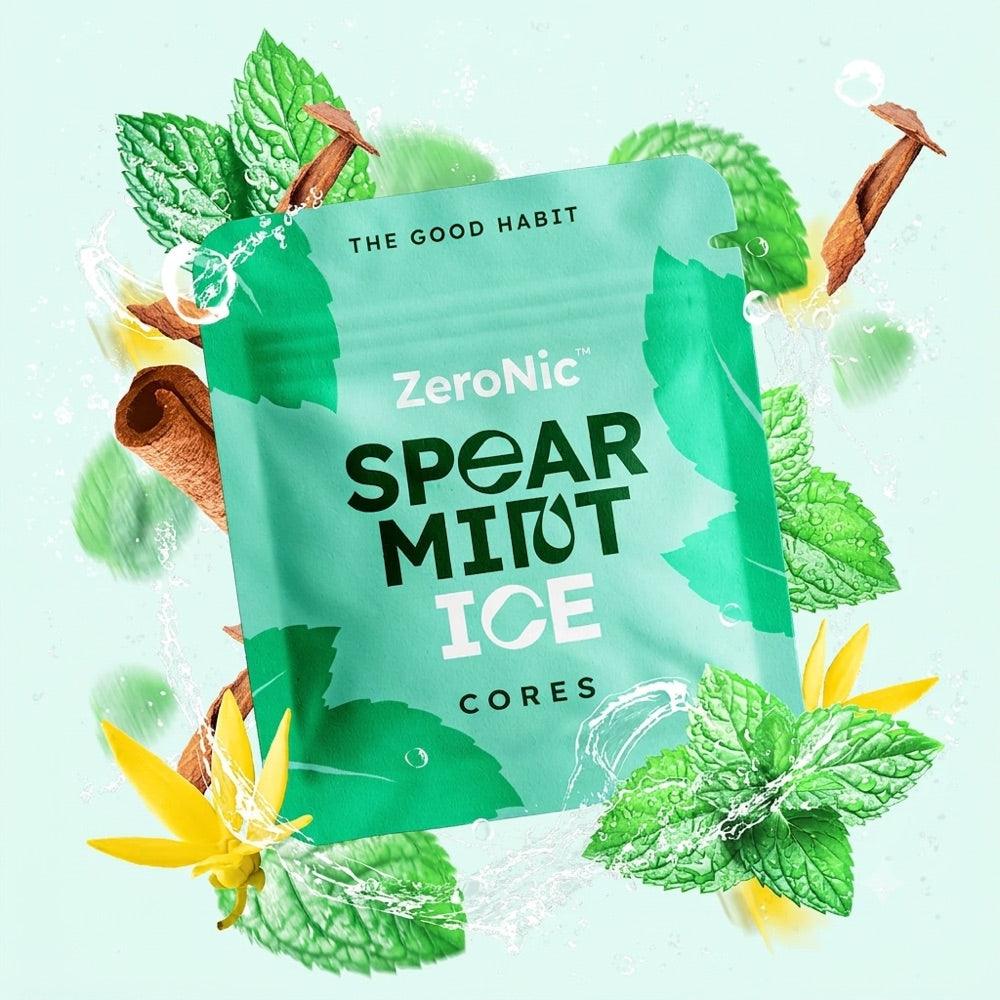 ZeroNic Spearmint Ice flavor sachet with fresh mint